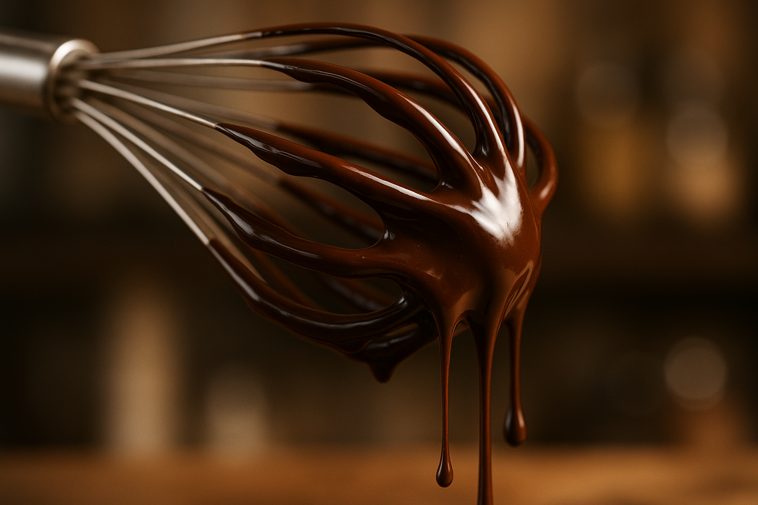 melted chocolate dripping from a whisk with a blurry backround, make it look realistic